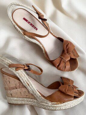 Prada Cork Wedges with Bow in Tan Leather, size 41